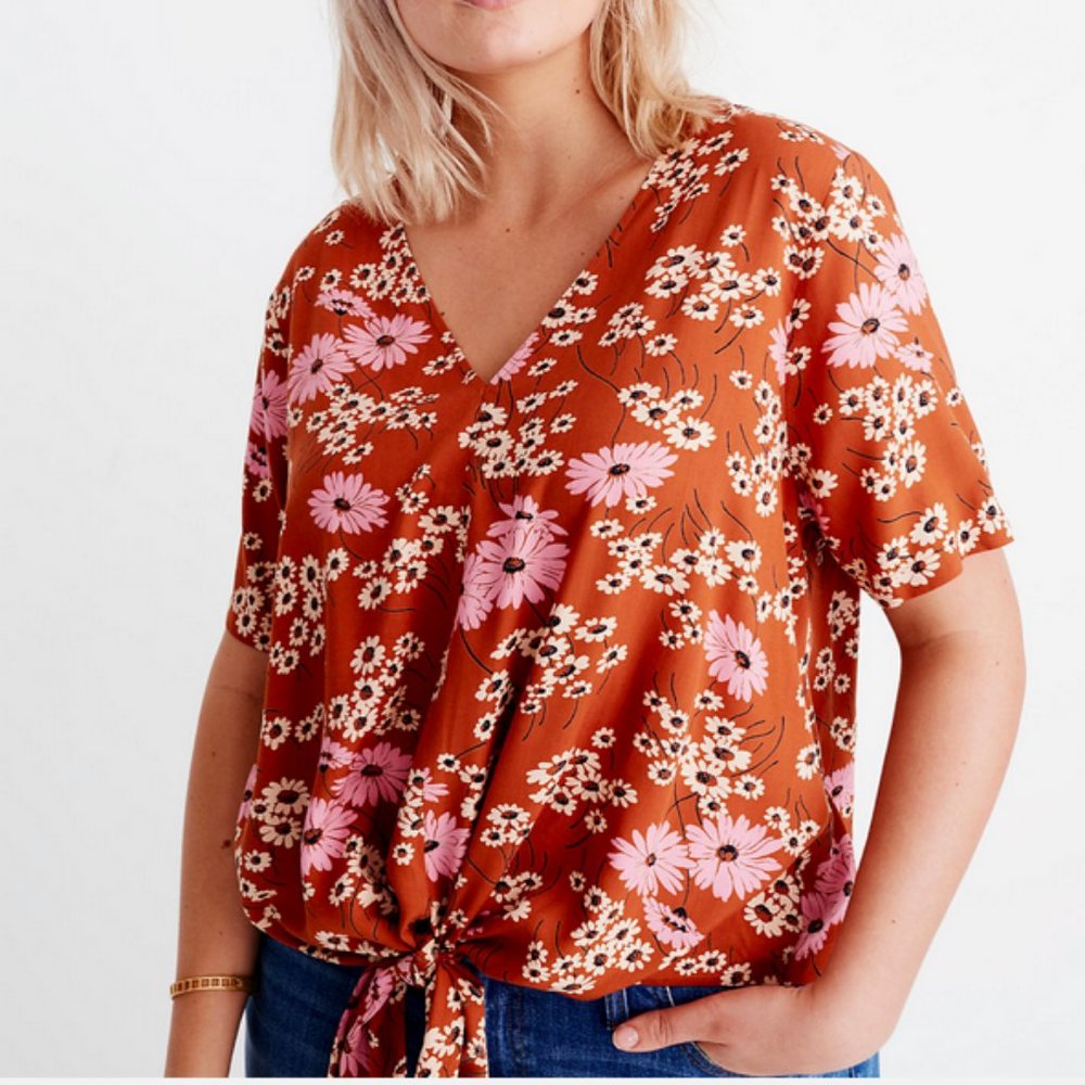 MADEWELL MULTICOLOR HILLSIDE DAISIES SHORT SLEEVE NOVEL TIE-FRONT TOP